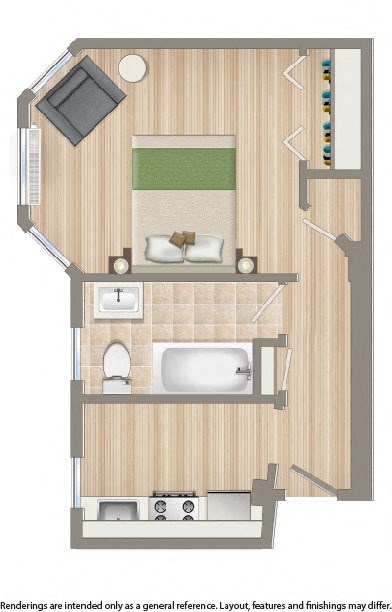 floor plan of a studio apartment for rent in washington DC.